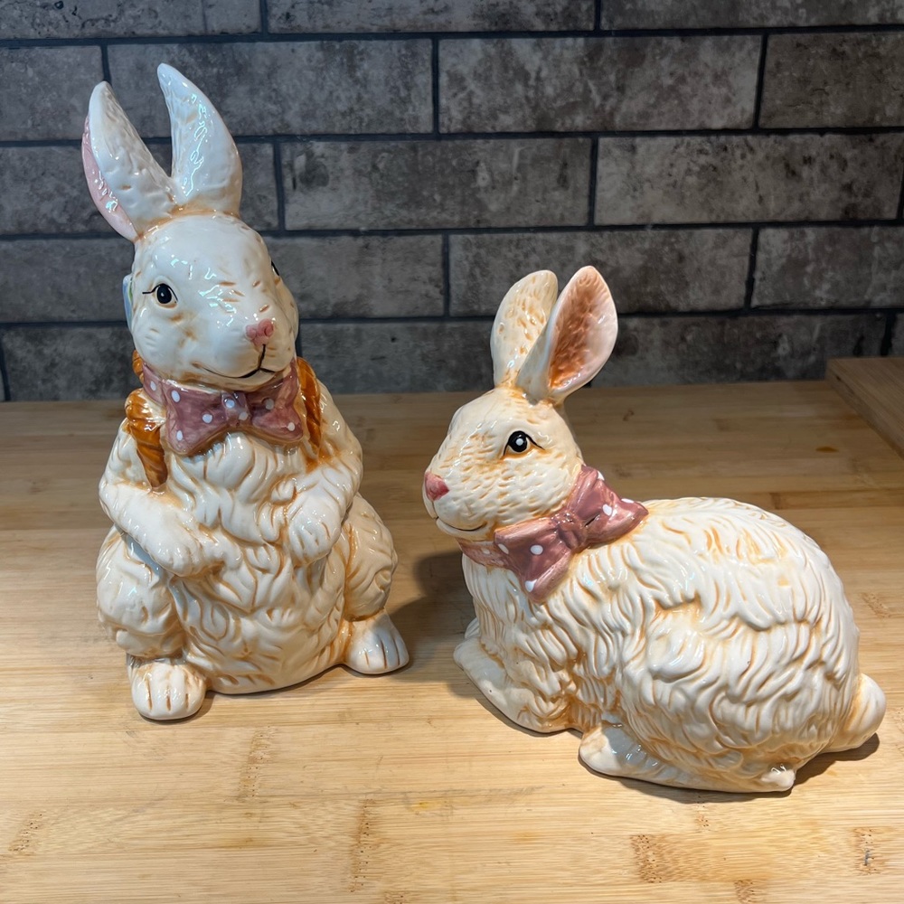 Pair of Ceramic Rabbits with Pink Bows 1 With Basket of Tulips 9”x4.5” & 6”x6.5”